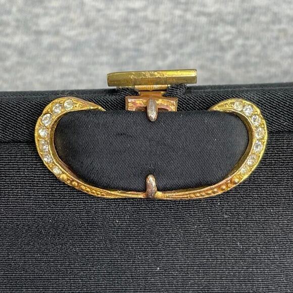 Vintage Purse Black Satin Clutch Evening Bag Rhinestone Top Lock Formal Handbag - Picture 7 of 7